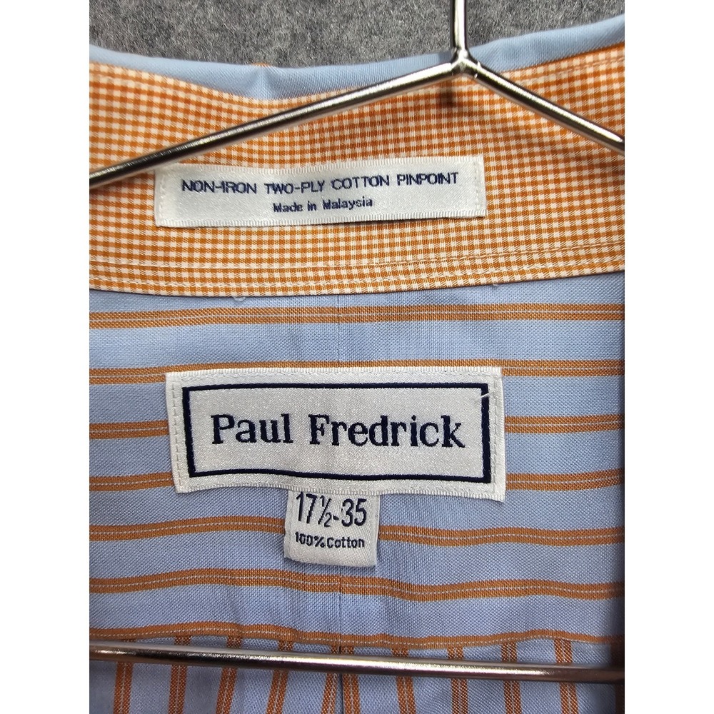 Paul Fredrick Mens Blue Orange Striped Non-Iron Cotton Dress Shirt 17.5-35 - Picture 2 of 9